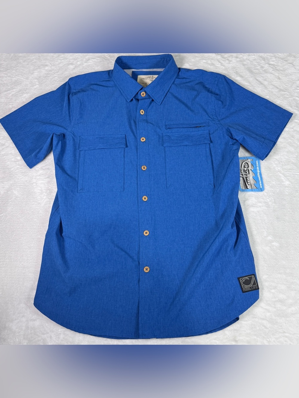 Reel Life Fishing Shirt Blue Button Front Performance Short Sleeve Men’s M NWT